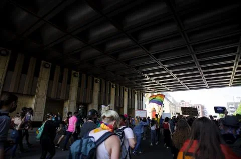 Pride Flag in a protest crowd Stock Photos