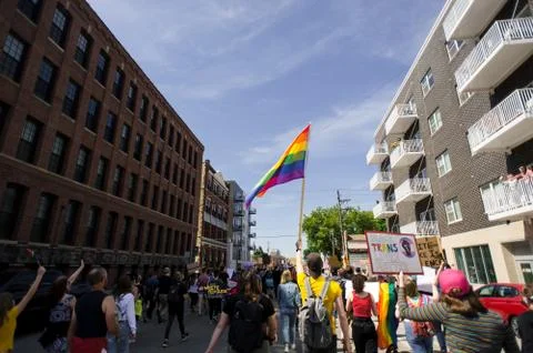 Pride Flag in a protest crowd Stock Photos
