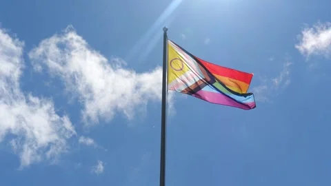 Pride flag waving in flag pole. Sunny day. Stock Footage 313603970