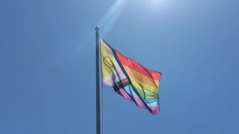 Pride Flag Waving on Pole with Blue Sky Background Footage. Pride month concept. Stock Footage 311097543