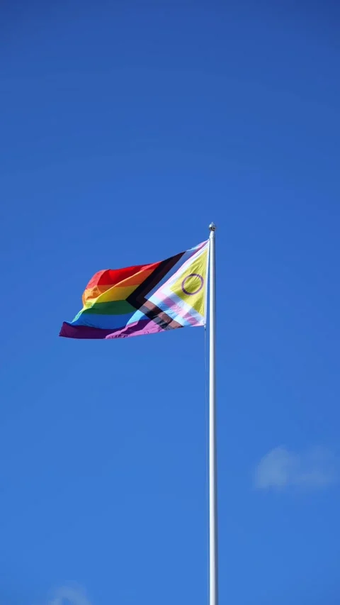 Pride flag waving in wind against blue sky during sunny day Stock Footage 314487897
