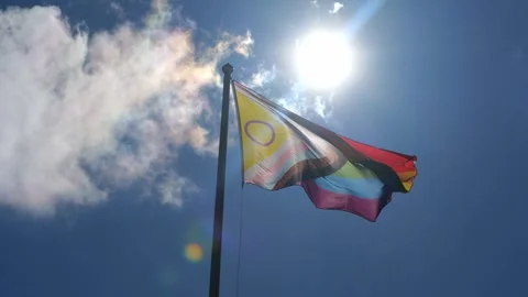 Pride flag wawing in wind. blue sky, clouds and sunshine on background. Stock Footage 314250224