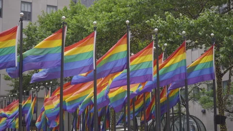 Pride Flags Fly High at Rockeffeler Center in New York Stock Footage 301903749