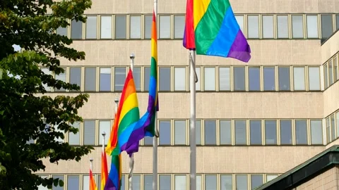 The Pride flags on a white flagpole against the building facade. Stock Footage 139013791