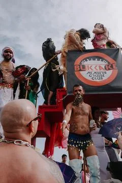 Pride float with cheering participants at Sitges Pride Parade, Spain Stock Photos