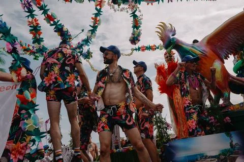 Pride float with cheering participants at Sitges Pride Parade, Spain Stock Photos