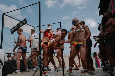 Pride float with cheering participants at Sitges Pride Parade, Spain Foto stock