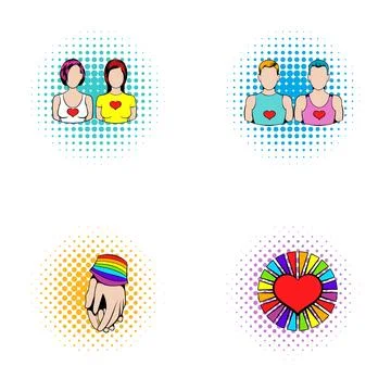 Pride love symbols featuring same sex couples and rainbow heart Stock Illustration