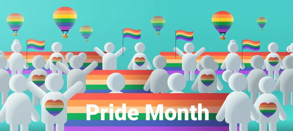 Pride month celebration crowd rainbow flags heart symbols hot air balloons Stock Illustration