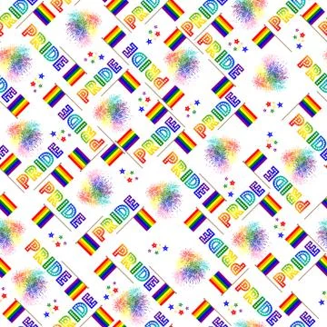 Pride month celebration seamless pattern with rainbow text, flags, stars and Illustrazione stock