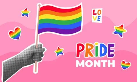 Pride Month collage concept. Vector illustration with halftone hand holding f Stockillustratie