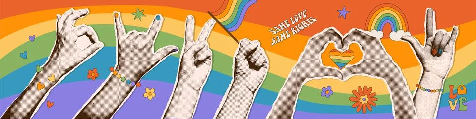 Pride Month collage elements set. Vintage halftone hands holding flag and Stock Illustration