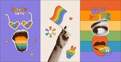 Pride Month collages set. Bright retro banners with vintage halftone hand, mouth Illustrazione stock