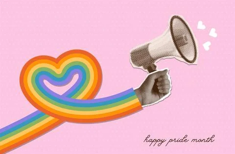 Pride Month creative banner concept. Retro collage with halftone hand holding Illustrazione stock