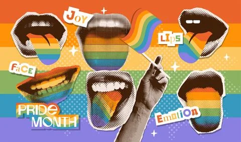 Pride month halftone collage elements set in contemporary punk grunge style Stock Illustration