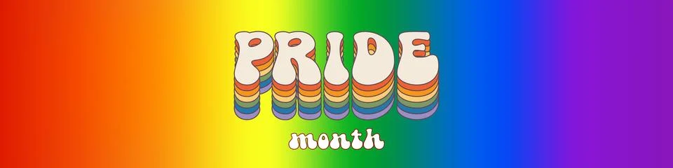 Pride month horizontal banner with gradient with pride colors flag and groovy Stock Illustration