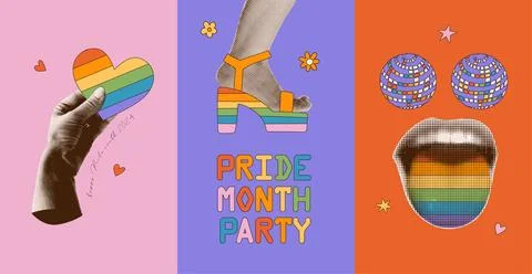 Pride Month posters set in groovy vintage collage set . Dotted halftone hand Illustrazione stock