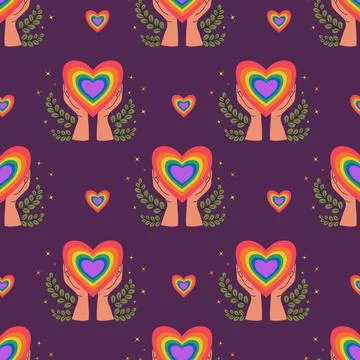 Pride Month Seamless Pattern. Hand with Rainbow Heart LGBT on dark purple B.. Illustrazione stock