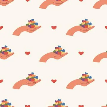 Pride Month Seamless Pattern. Hand with Rainbow Heart LGBT in colors of fla.. Stock Illustration