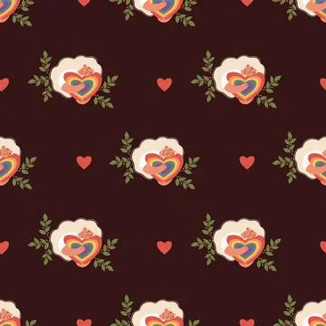 Pride Month. Seamless Pattern Happy Woman with Rainbow LGBT Heart on dark B.. Stock Illustration