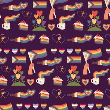 Pride month. Seamless Pattern LGBT Rainbow Hearts, flags, symbols and signs.. 스톡 일러스트