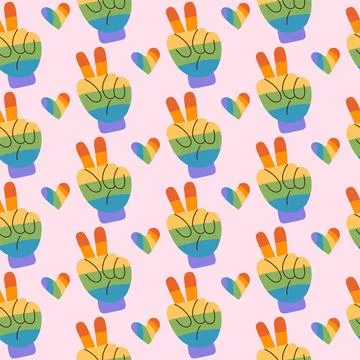 Pride Month seamless pattern with peace had gesture in LGBTQ flag color Stock Illustration