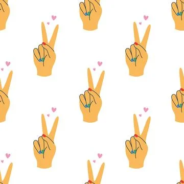 Pride Month seamless pattern with peace hand gesture and hearts. Stock Illustration