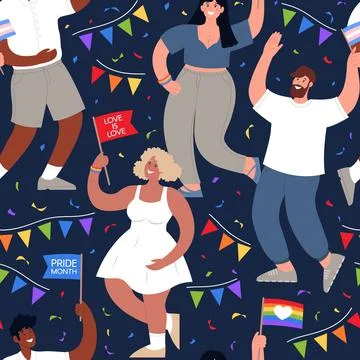 PRIDE MONTH seamless pattern. People from different ethnic backgrounds hold r Stock Illustration