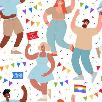 PRIDE MONTH seamless pattern. People from different ethnic backgrounds hold r Illustrazione stock