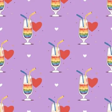 Pride Month. Seamless Pattern. Rainbow LGBT Cocktail with Straws and ice cu.. Illustrazione stock