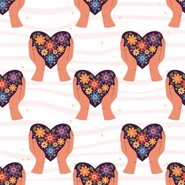 Pride Month Seamless Pattern. Rainbow LGBT Floral Heart Held by Hands on Wh.. Illustrazione stock