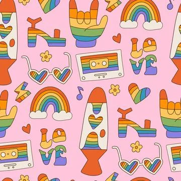 Pride Month seamless pattern with various 70s retro style elements in LGBTQ flag Illustrazione stock