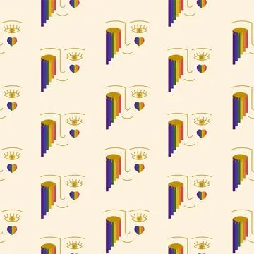 Pride parade face with rainbow flag. LGBTQ seamless pattern. Pride Month mult Illustrazione stock