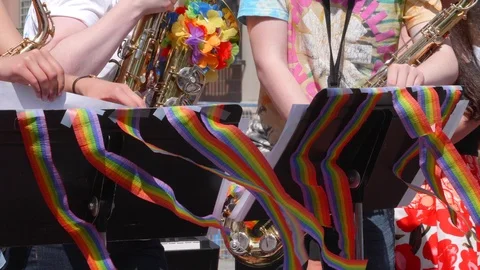 Pride Parade Float, Rainbow Flag Decorations on Float, Street Parade Background Stock Footage 95058856