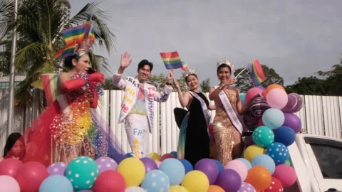 Pride Parade Pattaya Float with balloons Thailand June 24 2023 Stock Footage 244764039