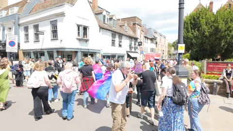Pride parade walking around the edge before joining the march again Stock Footage 338017909