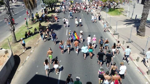 Pride parade walking on Rokach Boulevard Stock Footage 197865547