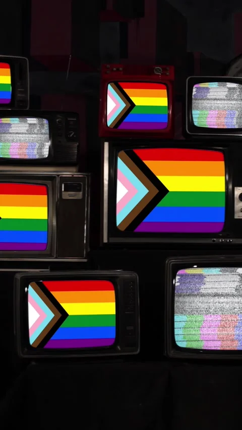 Pride Progress Flag Appearing on Multiple Screens of Vintage TVs, Vertical 4K Stock Footage 300788078