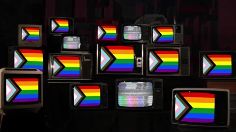 Pride Progress Flag Appearing on Multiple Screens of Vintage TVs, 4K Stock Footage 300788446