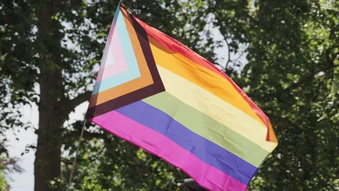 Pride progress flag being carried waving at LGBT parade in the United Kingdom Stockbeeldmateriaal 278338092