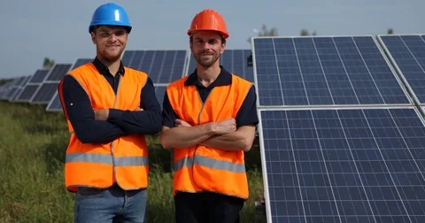 Pride Supervisor Engineer Men Smiling Look Camera Solarpanels Source Electricity Stock Footage