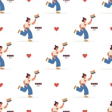 Pride Vibes. Seamless Pattern Happy LGBT Women Lesbian with Rainbow Flag on.. Illustrazione stock