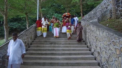 Priest and devotees carry spear do down the stair. Video stock 118604182