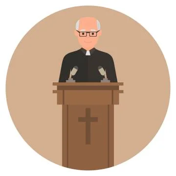 Priest giving speech from tribune. Flat vector Stock Illustration
