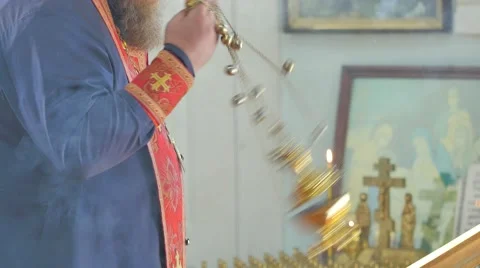Priest is Using an Incensory During Service Kiev Ukraine Interior of Orthodox Stock Footage 64105329