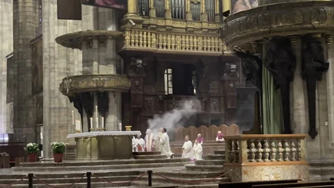 Priests in Catholic Ceremony Inside Milan Cathedral Stock Footage 309932053