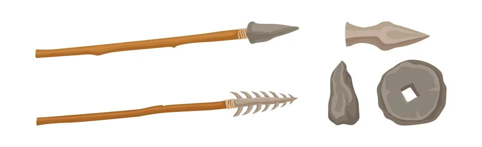 Primal Stone Age Tools and Weapon Isolated on White Background Vector Set Illustrazione stock