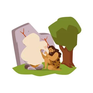 Primal tribe caveman character lighting fire, flat vector illustration isolated. Illustrazione stock