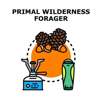 Primal wilderness forager preparing outdoor adventure equipment Stock Illustration