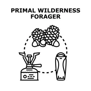 Primal wilderness forager preparing outdoor adventure equipment Stock Illustration
